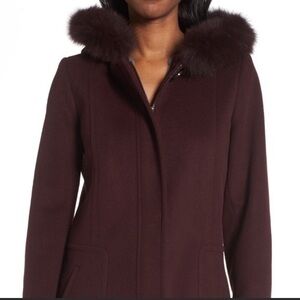 Sachi collection burgundy lambswool blend coat with fox fur lined hood